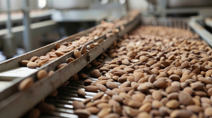 almond milk captured in mid-pour, with spilled almonds around