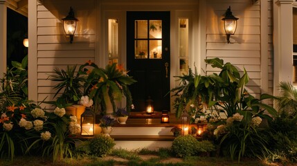 Fototapeta na wymiar Enchanting lantern lit courtyard with greenery, colorful flowers, and traditional architecture glow