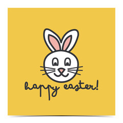 Cute Easter greeting card, cover, poster, label, flyer, banner with a white cartoon bunny on the yellow background