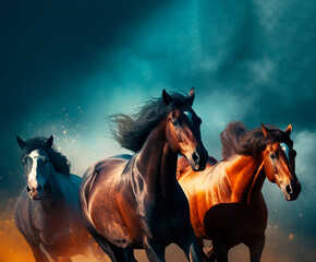 Three horses are rushing at full speed. Horses are running on the background of stormy sky