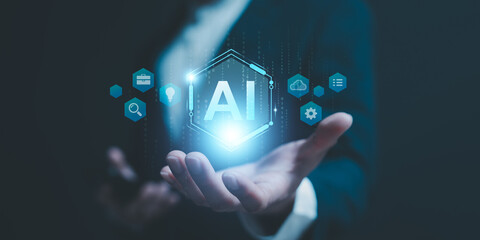 businessman using Ai technology in business by artificial intelligence,  smart robot AI, Futuristic technology transformation, using AI technology for developing running business on cloud computing