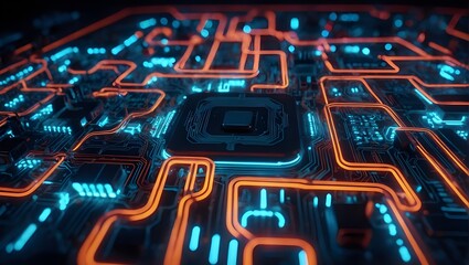 Graphic Rendering of Abstract Technology Background Highlighting CPU and Neon-lit Futuristic Motherboard
