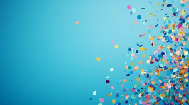 Festive multicolored confetti flying on a blue background from the copy space. A horizontal banner for Advertising and Text.