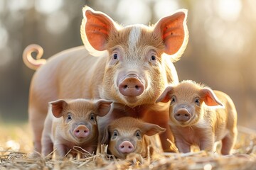 Curious piglets in rural barn, part of a happy farming family, exploring their surroundings.