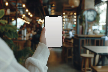 Cell phone white screen mockup Business woman hand holding mobile phone finger touching on blank screen while working at coffee shop mockup for social media advertisement - obrazy, fototapety, plakaty