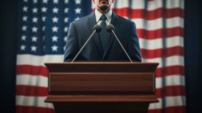 Businessman or politician making speech from behind the pulpit with national flag on background - United States