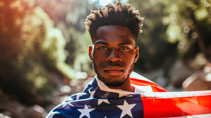 Close portrait of a black American man covered with US flag, defending his equal rights, living in freedom - obrazy, fototapety, plakaty