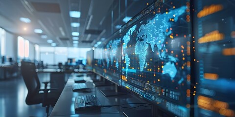 Dynamic workplace with digital screens displaying realtime cloud computing data DevOps . Concept Cloud Computing, DevOps, Digital Screens, Real-time Data, Workplace Environment