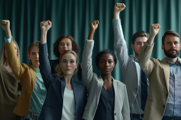 Diverse group of professional young business people standing together with raised arms in a fist at office. - obrazy, fototapety, plakaty
