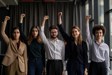 Diverse group of professional young business people standing together with raised arms in a fist at office.