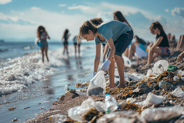 Diverse Group of Youth Helping Clean Beach as Volunteers
