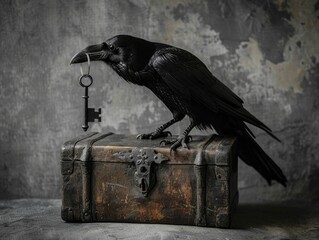Mysterious raven holds key over treasure chest on mystical grey background for exclusive members only shopping offers. - obrazy, fototapety, plakaty