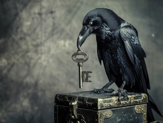 Mysterious raven holding a key above a treasure chest, on a mystical grey background, for exclusive members only shopping offers.