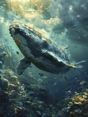 Benevolent whale swimming in a sea of currency, deep ocean blue background, for large scale investment fund advertising.