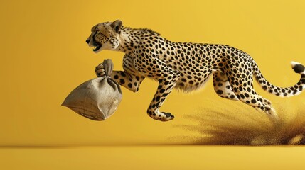 Agile cheetah sprinting with a bag of money, on a dynamic yellow background, for fast loan service advertising.