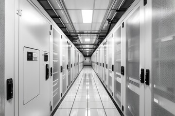 Fototapeta premium Modern Data Center with White Servers: Hardware Technology in a Cyberspace Server Room