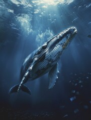 Benevolent whale glides through a currency sea against a deep ocean backdrop, perfect for...