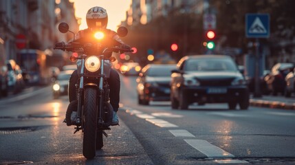 Fototapeta premium Motorcycle and Cars on City Avenue. Abstract Background with Biker and Black Car on Concrete Street