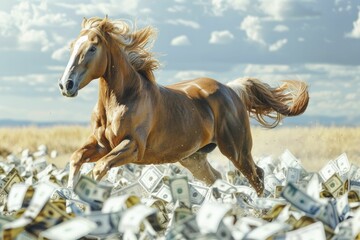A graceful horse runs across a money field against a sky-blue backdrop, ideal for showcasing financial freedom in ads.