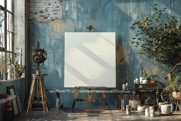 Hipster art studio background with a white poster frame mockup, close up for artisan craft or...