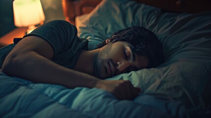 Indian Man Sleeping Peacefully in his Bedchamber at Home. Restful Night of Sleep on the Comfortable Pillow