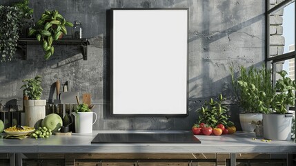 Loft kitchen background with a close-up white poster frame mockup, suitable for culinary website or food app promos. - obrazy, fototapety, plakaty