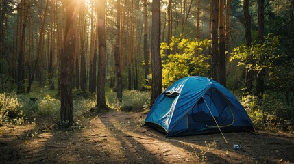 Isolated Blue Tent. Perfect for Camping and Outdoor Adventures in Summer. A Must-Have for Travel and Nature Lovers - obrazy, fototapety, plakaty