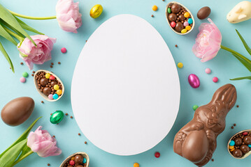 Luxurious contemporary Easter treats display. Overhead shot featuring shattered chocolate eggs filled with sweets, chocolate hare, tulips on pastel blue backdrop, space for text in egg-shaped note