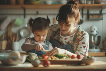 Mother and child daughter preparing food together at kitchen. - obrazy, fototapety, plakaty