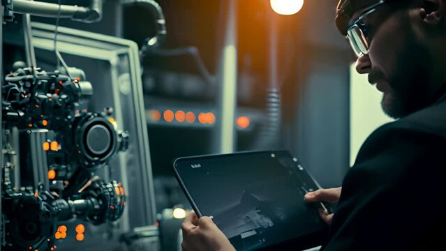 Robotic Process Automation engineer using laptop for smart factory automation software. digital transformation, artificial intelligence, machine learning 5g to control ai robot. Smart factory