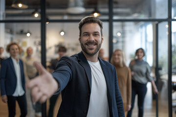 Portrait of businessman welcoming new employee to his business team and company giving hand forward in modern office with colleagues in the background.