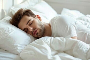 Peaceful Morning: Handsome Man Sleeping Comfortably on Pillow in Bedchamber