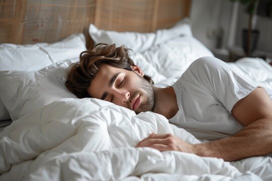 Peaceful Morning: Handsome Man Sleeping Comfortably on Pillow in Calm Bedchamber