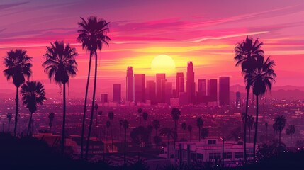 Skyline. Stunning View of Cityscape and Palm Trees in  with Golden Sunset in Golden State