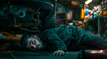 Mechanic in blue uniform lying down and working under car at auto service garage