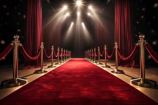 A red carpet lined with gold poles and barriers, creating an elegant pathway for VIP guests at an event.