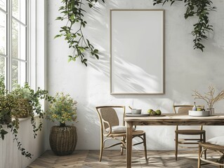 Scandinavian dining area backdrop featuring a white poster frame mockup, ideal for showcasing kitchenware products up close.