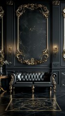 A room decorated in black and gold tones featuring a couch and table as the main furniture pieces.