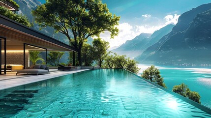A large swimming pool set against a stunning backdrop of towering mountains.