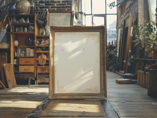 White mockup poster frame with a vintage shop background, ideal for evoking nostalgia in marketing campaigns.