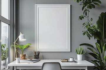 White poster frame mockup against a modern, sleek home office backdrop - perfect for professional service ads.