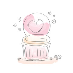 the solo isolated doodle cupcake with heart with watercolor effect. outline hand drawn vector illustration