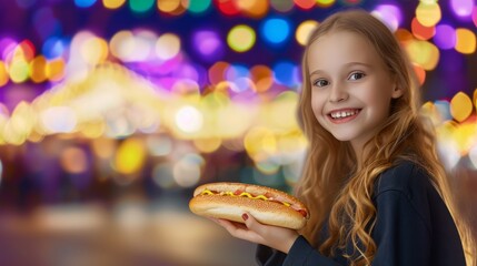 Happy preteen enjoying hot dogs in restaurant with blurred background and copy space