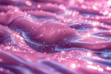 A vibrant pink abstract background with shiny textures, resembling liquid flow and glittering bokeh elements.