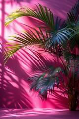 A tropical summer scene featuring lush palm leaves against a pink backdrop, creating a vibrant paradise.
