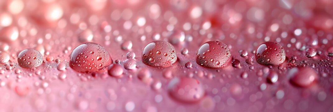Macro closeup of raindrop on smooth surface, reflecting nature's beauty with fresh pink hues.