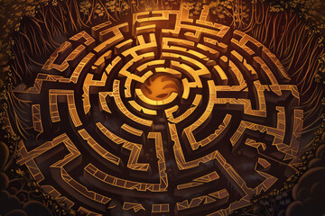 Circular golden maze design with a central emblem on a jungle backdrop