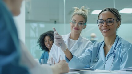 Female doctors wearing blue surgical overalls, smiling as they work and communicate, the indoor environment of the doctor's office,