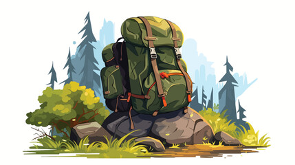 A sturdy backpack packed with camping gear leaning