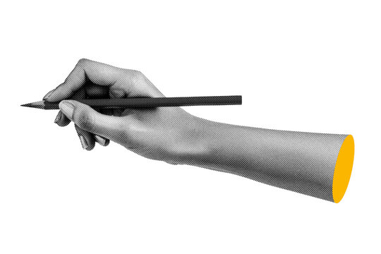 Trendy hand holding a pencil, abstract cutout hand halftone collage element for design montage